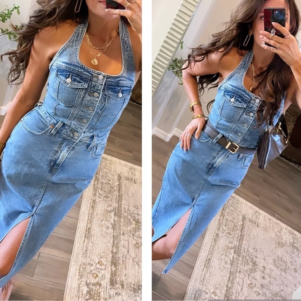 Denim Halter Midi Dress Jeans Size 6 M 90’s Y2K 80’s Concert Party Festival